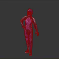 Person In Purple And Blue Jumpsuit With Helmet Standing On Gray Background
