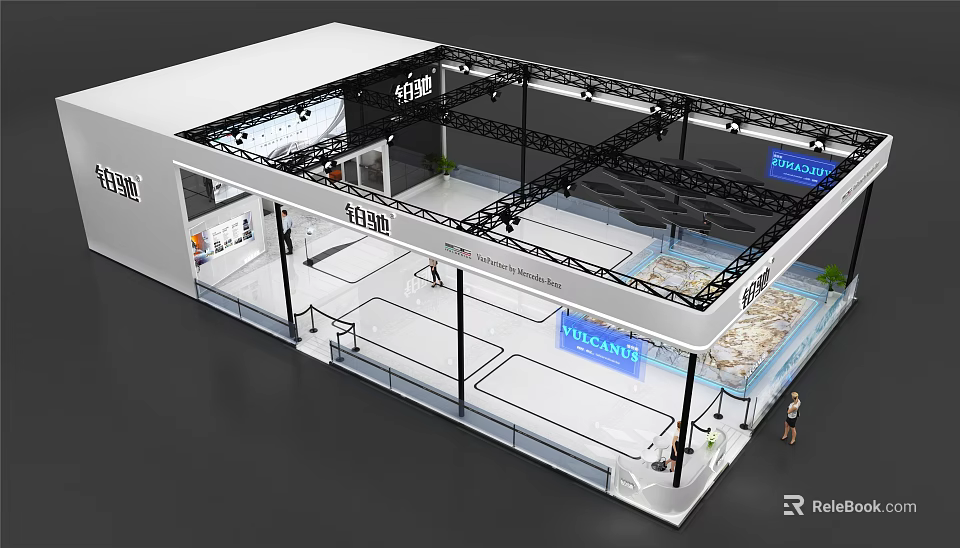 Modern Exhibition Booth Design With White Exterior Black Framework And Monitor Displays 3d model 