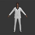A Man in White Suit with Sunglasses Standing with Arms Outstretched Against Gray Background