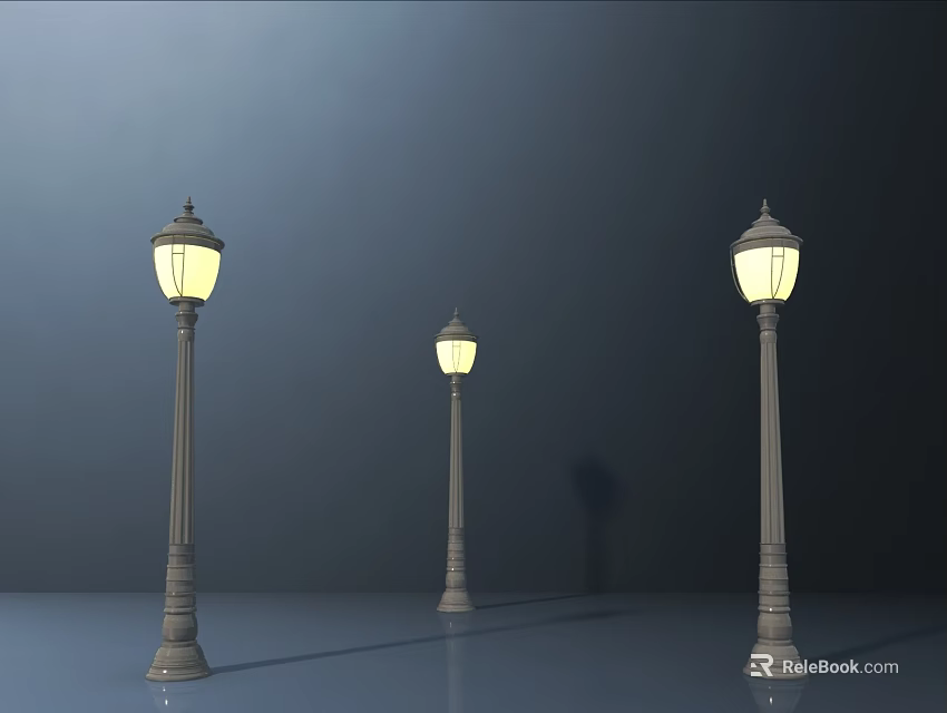 Three Classic Decorative Outdoor Lights With Metal Poles Brightly Illuminated For Garden And Street 3d model 