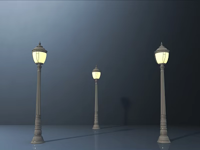 Three Classic Decorative Outdoor Lights With Metal Poles Brightly Illuminated For Garden And Street 3d model