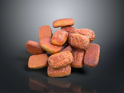 Stacked Pile of Golden Brown Crusty Bread Pieces on Dark Background 3d model