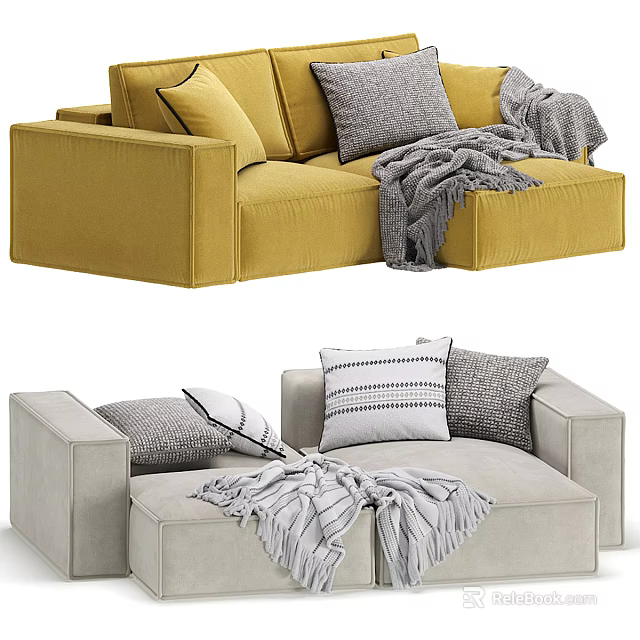 Elegant Sofa Set with Yellow and Light Gray Upholstery Assorted Pillows and Soft Gray Blankets 3d model