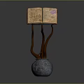 Antique Open Book Display With Branch Like Wooden Stand And Gray Stone Vase Base