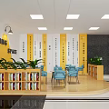 Cozy Leisure Area with Reading Space Yellow Walls Bookshelves Blue Chairs and Green Plants