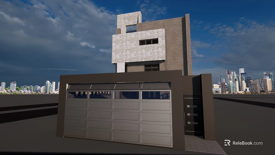 Modern Detached House Featuring Stone Facade Garage And City Skyline Under Blue Sky 3d model 
