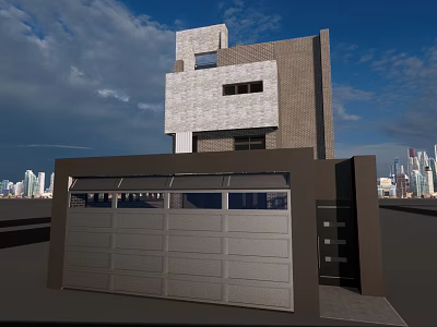 Modern Detached House Featuring Stone Facade Garage And City Skyline Under Blue Sky 3d model