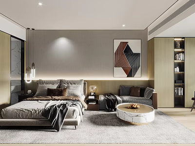 Modern Bedroom Interior With Large Bed Cozy Sofa Abstract Artwork And Soft Rug 3d model