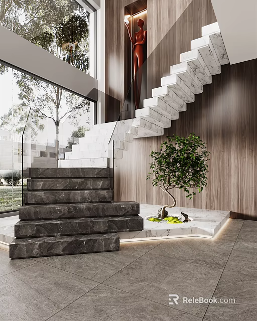 Modern Black and White Marble Stairs with Glass Railing Wooden Wall and Green Plant 3d model 
