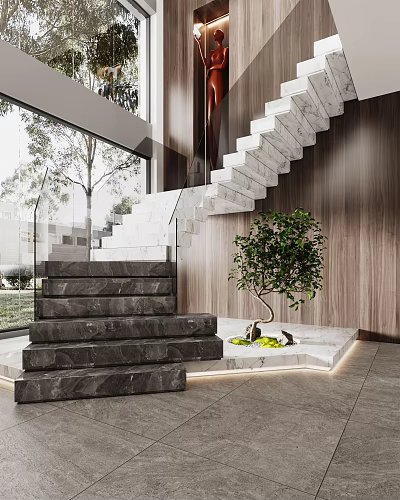 Modern Black and White Marble Stairs with Glass Railing Wooden Wall and Green Plant 3d model
