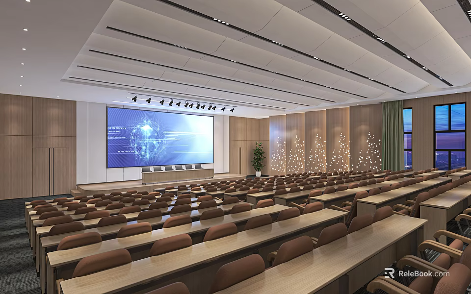 Spacious Conference Room With Rows of Seats Large Projection Screen Wooden Walls and Modern Lighting 3d model 