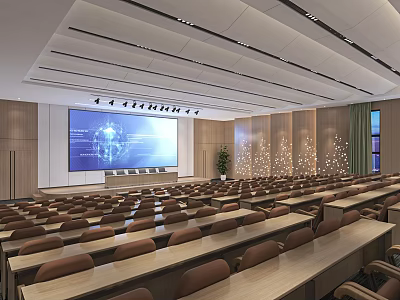 Spacious Conference Room With Rows of Seats Large Projection Screen Wooden Walls and Modern Lighting 3d model