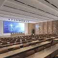 Spacious Conference Room With Rows of Seats Large Projection Screen Wooden Walls and Modern Lighting