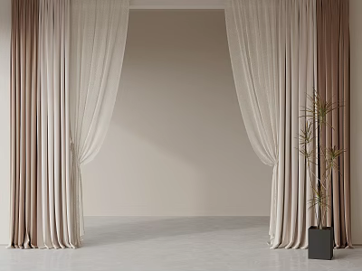 Modern Beige And Brown Curtains With Sheer Panels And Potted Plant Decor 3d model