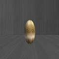 Golden Oval Sculpture with Intricate Cut Out Patterns on Dark Wood Grain Floor and Reflection
