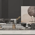 Modern Sofa and Coffee Table Set with Gray Pillows Floor Lamp and Abstract Wall Art
