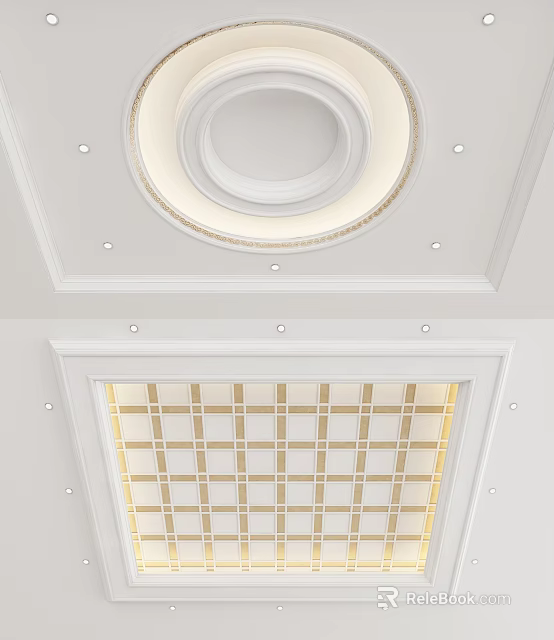 Modern White Ceiling Design With Round Central Feature And Grid Pattern Lighting 3d model