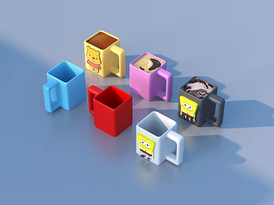 Colorful Beverage Mugs with Cartoon Characters Winnie the Pooh and SpongeBob in Various Colors 3d model