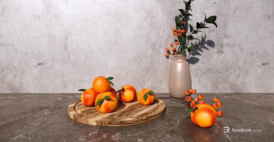 Fresh Oranges on Wooden Tray with Gray Countertop and Vase with Orange Berries 3d model 