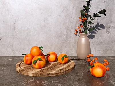 Fresh Oranges on Wooden Tray with Gray Countertop and Vase with Orange Berries 3d model