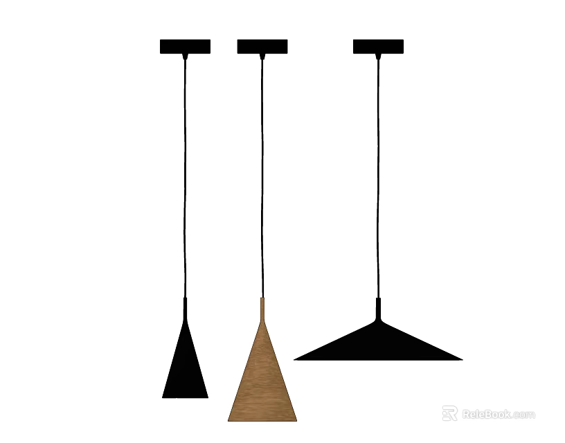 Three Stylish Pendant Lights With Black And Wooden Designs And Unique Shapes 3d model 