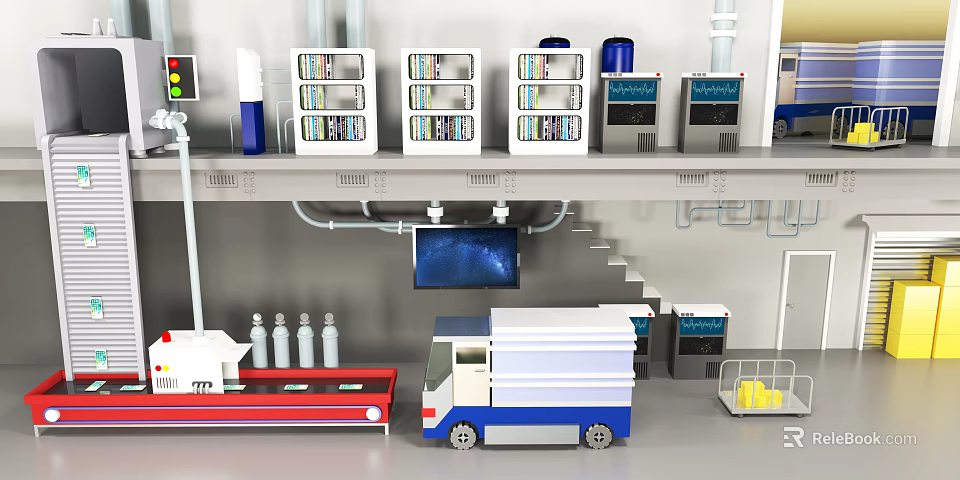 Industrial Equipment Facility With Shelves Trucks Bottles And Display Screens 3d model 