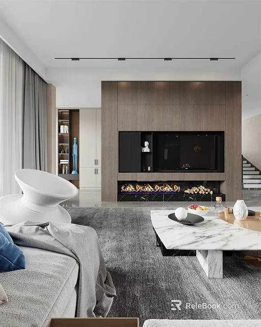 Modern Duplex Living Room Interior With Wooden TV Wall Fireplace And Marble Coffee Table 3d model 