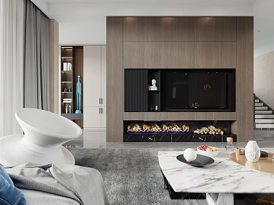 Modern Duplex Living Room Interior With Wooden TV Wall Fireplace And Marble Coffee Table 3d model