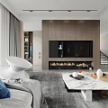 Modern Duplex Living Room Interior With Wooden TV Wall Fireplace And Marble Coffee Table
