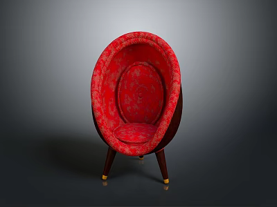 Red Patterned Oval Shaped Chair With Wooden Legs And Golden Accents 3d model