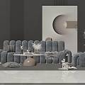 Modern Gray Sofa Coffee Table Combination With Decorative Cushions Plush Blanket Floor Lamp And Artistic Wall Decor