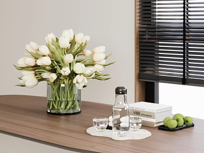Glass Vase With White Tulips on Wooden Table With Water Bottle Glass Cups And Books 3d model