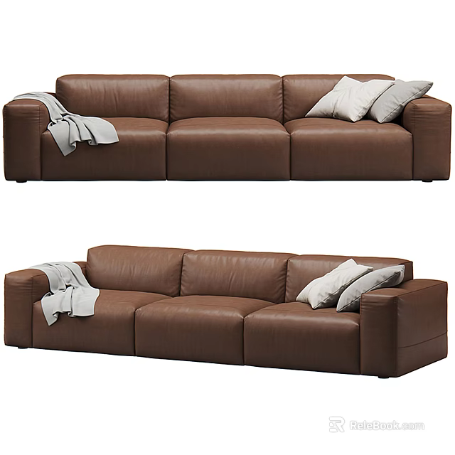 Brown Modern Three Seater Sofa With Gray Pillows And Throw Blanket 3d model