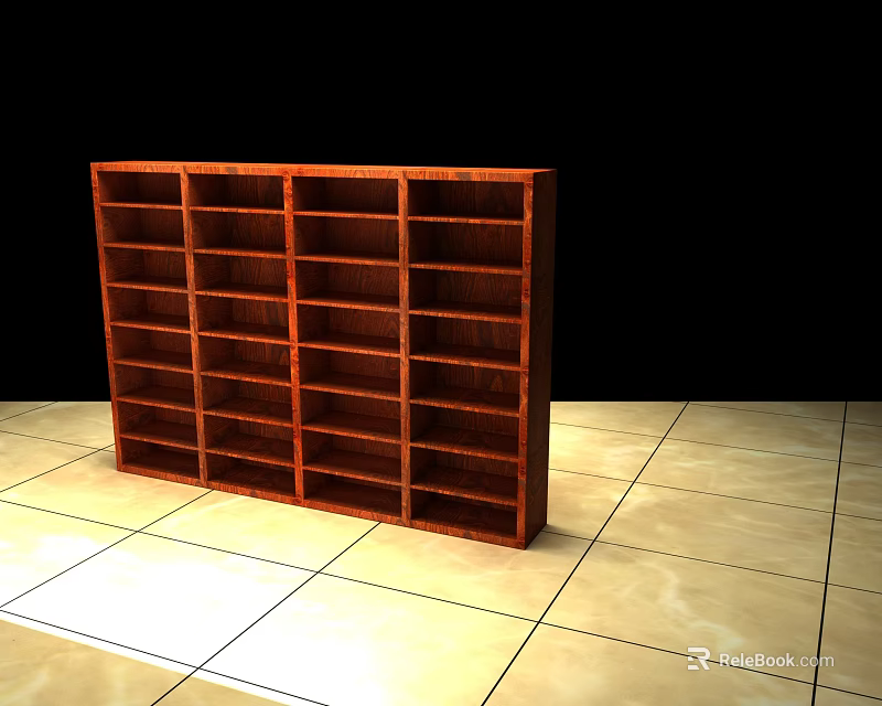 Spacious Wooden Bookcase With Multiple Open Shelves On Tile Floor 3d model