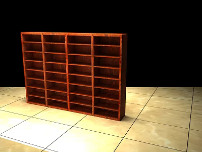 Spacious Wooden Bookcase With Multiple Open Shelves On Tile Floor 3d model