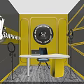 Public Office Space with Yellow Black Accents Circular Clock White Desk Laptop Chair Ring Lights