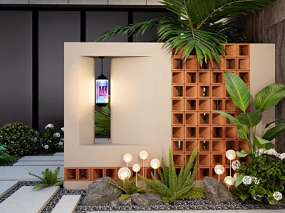 Modern Feature Wall with Hollowed Window Lighting Wooden Grid Panels and Green Plants in Garden 3d model