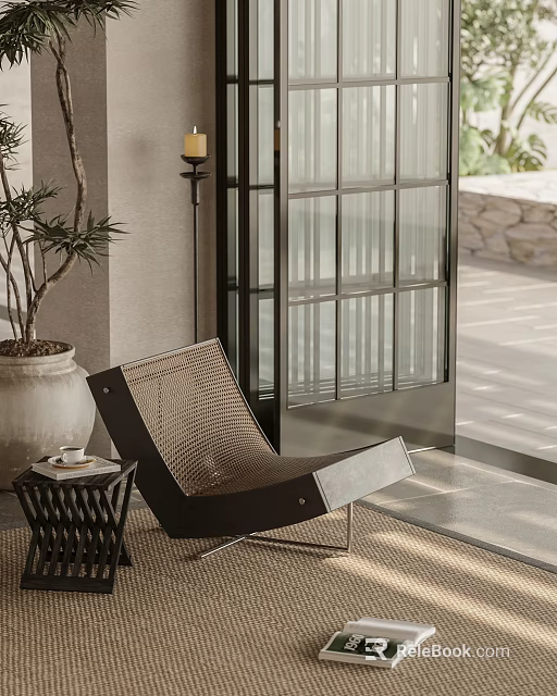 Woven Outdoor Patio Chair With Side Table And Potted Plant 3d model 