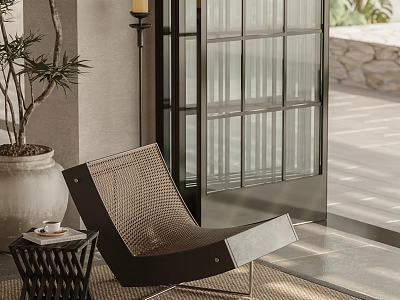 Woven Outdoor Patio Chair With Side Table And Potted Plant 3d model