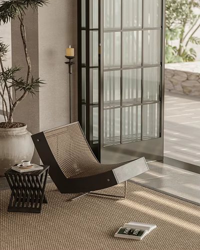 Woven Outdoor Patio Chair With Side Table And Potted Plant 3d model