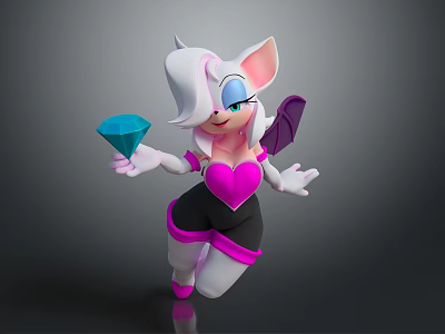 Cute Game And Movie Character With White Hair Pink Ears Purple Wings Holding Blue Diamond 3d model