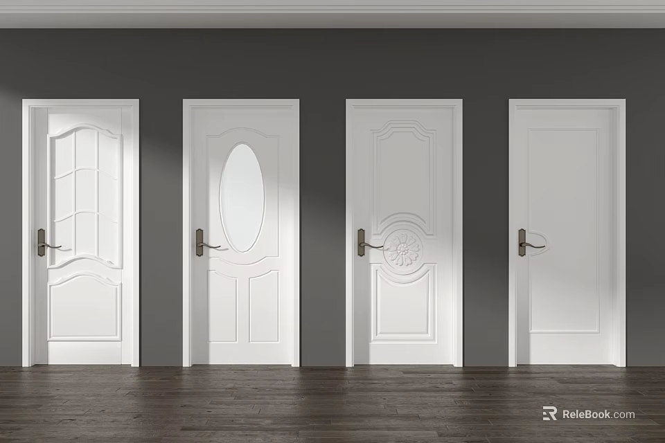 White Hinged Doors Featuring Various Designs Glass Panels And Decorative Patterns Against Gray Wall 3d model
