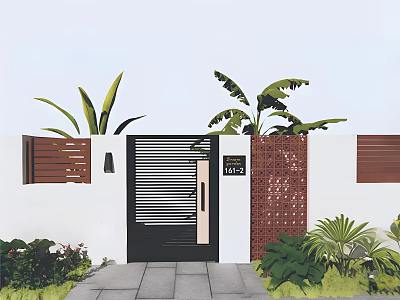 Black Gate with Vertical Slats Surrounded by White Walls Brown Grilles and Green Plants 3d model