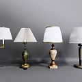 Assorted Table Lamps Featuring Diverse Base Designs And White Fabric Shades 3d model