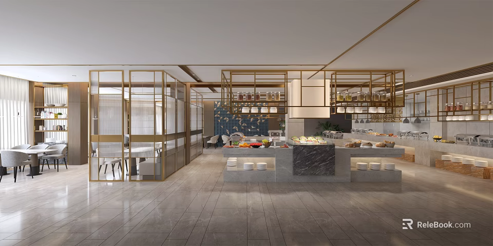 Elegant Modern Restaurant Interior With Open Layout Marble Buffet And Gold Decor 3d model 