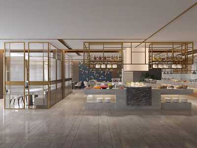 Elegant Modern Restaurant Interior With Open Layout Marble Buffet And Gold Decor 3d model