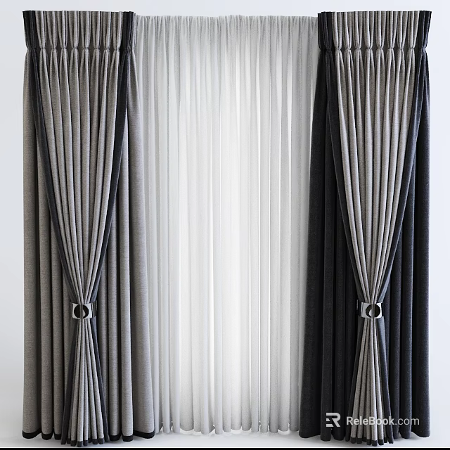 Modern Double Layer Curtains With Dark Outer And Sheer Inner Fabric Ring Hooks 3d model