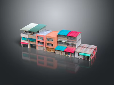 Row Of Multi Level Residential Buildings With Colorful Roofs And Vibrant Exteriors 3d model