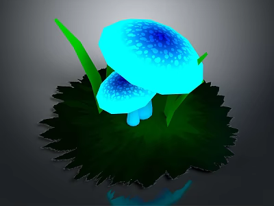 Vibrant Glowing Blue Mushrooms With Patterned Caps And Green Leaves On Dark Base 3d model
