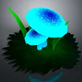 Vibrant Glowing Blue Mushrooms With Patterned Caps And Green Leaves On Dark Base